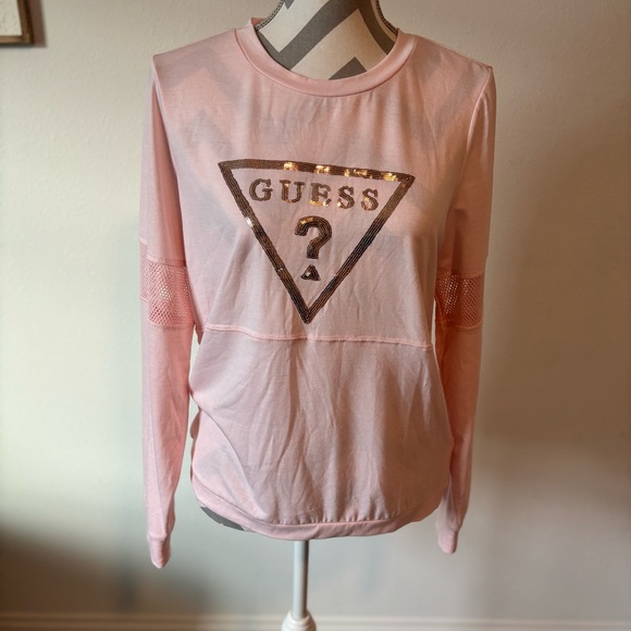 Guess Tops - Guess Light Pink Sequin Logo long sleeve t shirt